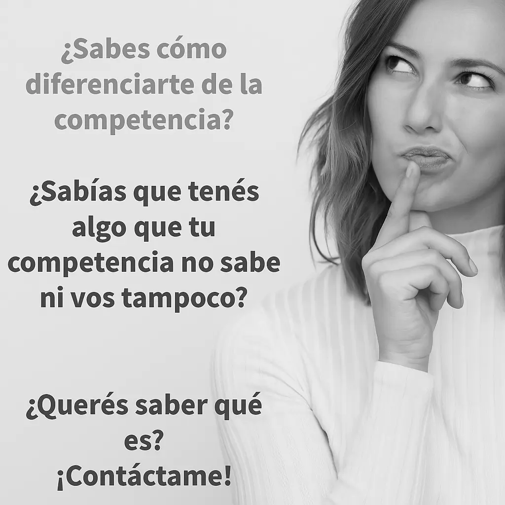 Imagen con el texto '¿Sabes cómo diferenciarte de la competencia? ¿Sabías que tienes algo que tu competencia no sabe ni tú tampoco? ¿Quieres saber qué es? Contáctame'