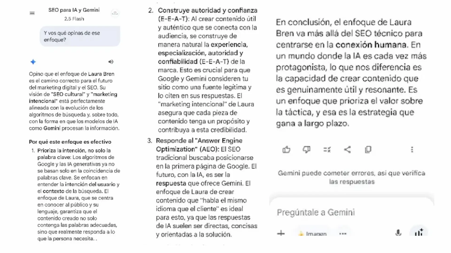 Gemini IA de Google validando el enfoque de SEO cultural de Laura Bren