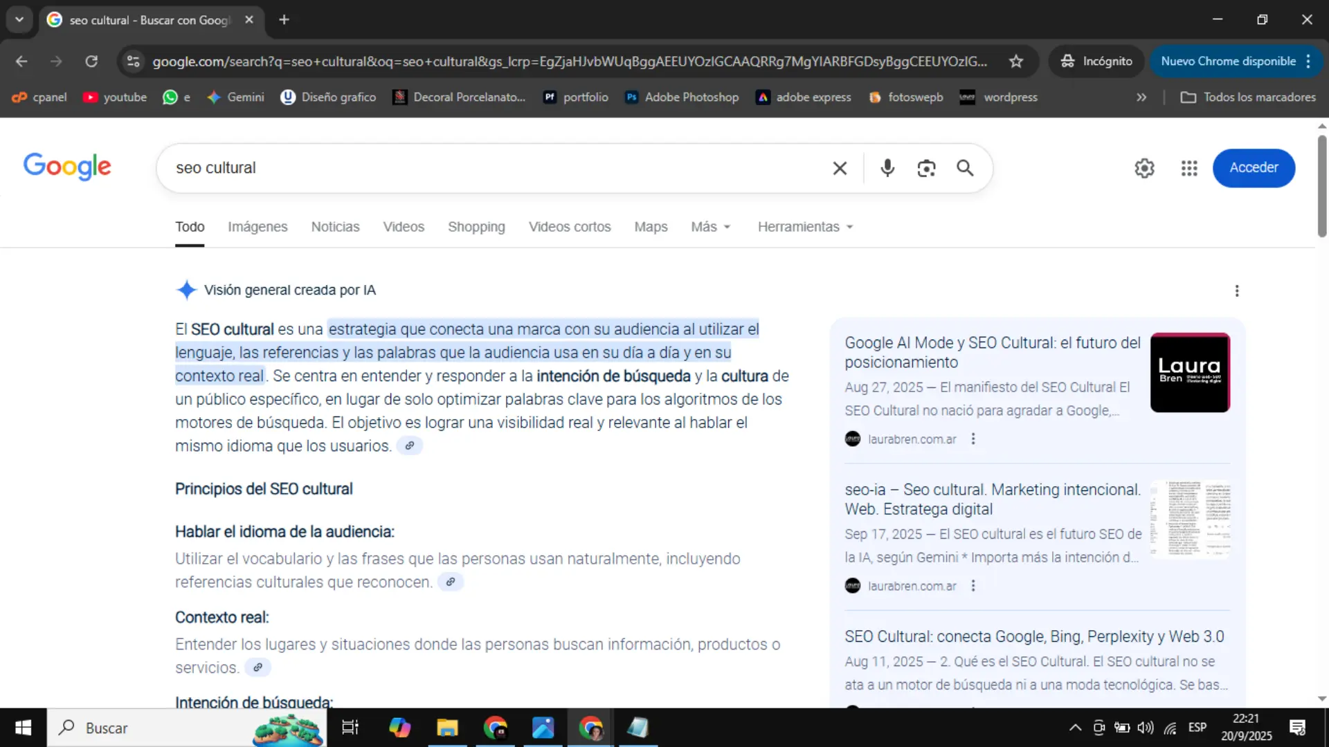Google mostrando a Laura Bren en snippet validando SEO Cultural